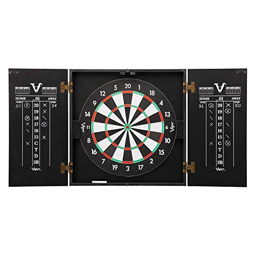 Viper Hideaway Cabinet & Steel-Tip Dartboard Ready-to-Play Bundle, Reversible Standard and Baseball Game Options with Two Sets of Steel-Tip Darts and Chalk Scoreboards, Black Matte Finish