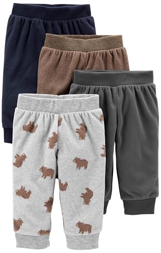 Simple Joys by Carter's Baby 4-Pack Fleece Pants, Brown/Dark Grey/Light Grey Bear Print/Navy, 6-9 Months