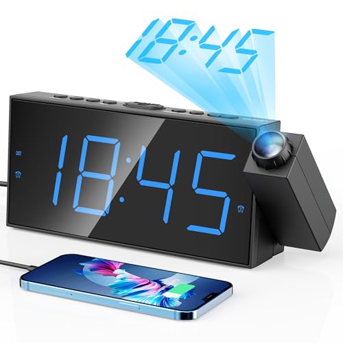 Digital Projection Alarm Clocks for Bedrooms - Large LED Display, 180° Rotatable Projector, 5-Level Dimmer,USB Charger,Battery Backup,Loud Dual Alarms for Kids Elderly,Heavy Sleepers,Snooze,12/24H,DST