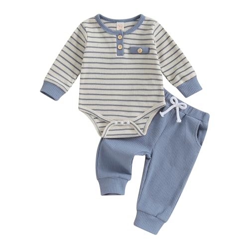 Kuriozud Newborn Baby Boy Clothes Striped Button Long Sleeve Romper Bodysuit Pants Set Infant Soft Waffle Fall Winter Outfit Striped Blue 3-6 Months