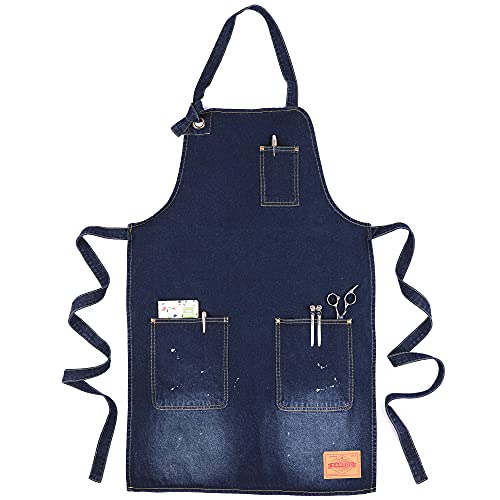 VANTOO Hair Stylist Apron with Pockets, Denim Chef Kitchen Apron for Men Women, Gifts for Mom (Dark Blue)