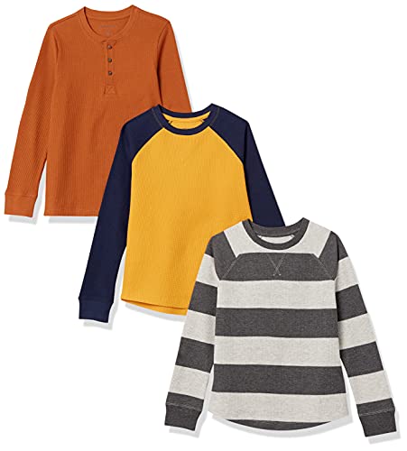 Amazon Essentials Toddler Boys' Long-Sleeve Knit Thermal T-Shirt, Pack of 3, Grey Rugby Stripe/Mustard Yellow/Rust, 4T