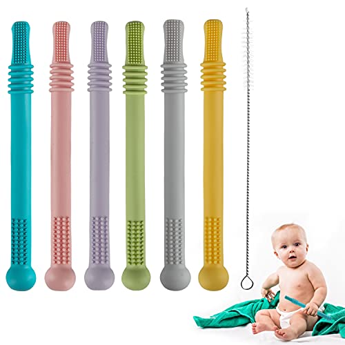 Fu Store Hollow Teether Tube Chew Straw Toy for Infant Toddlers Silicone Tubes Teething Toys for Babies 3-12 Months BPA Free/Freezable/Dishwasher and Refrigerator Safe (6 Pack)