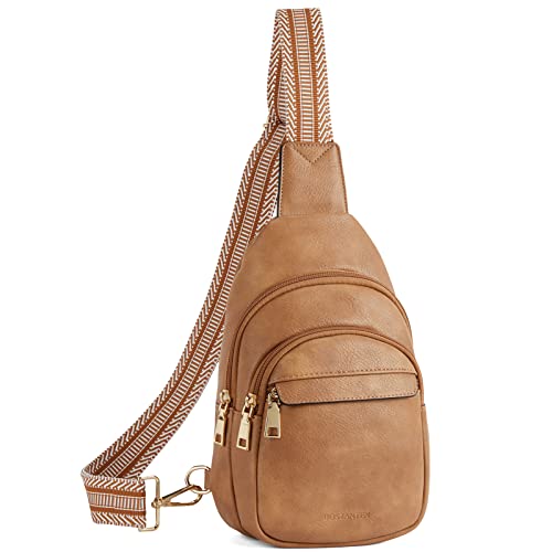 BOSTANTEN Small Sling Bag for Women Leather Crossbody Bags Fanny Pack Chest Bag for Travel, Camel Brown