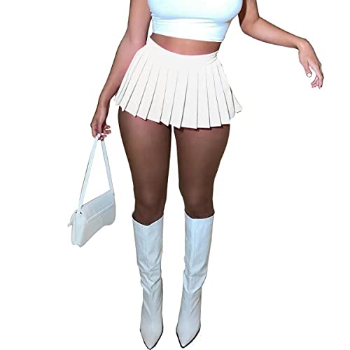 Women's Mini Pleated Skirts Sexy Club Y2k High Wiast Stretchy Tennis Skater A-line Skirt (White M)