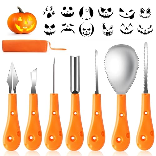 Greatever Halloween Pumpkin Carving Kit,Professional and Heavy Duty Stainless Steel Tools,Pumpkin Carving Set with12 Pumpkin Stencils Carrying Case(7pcs)