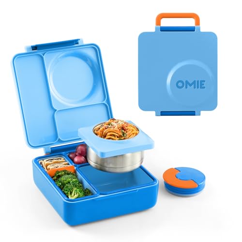 Omie OmieBox Bento Box for Kids - Insulated Lunch Box with Leak Proof Thermos Food Jar - 3 Compartments, 2 Temperature Zones (Blue Sky)