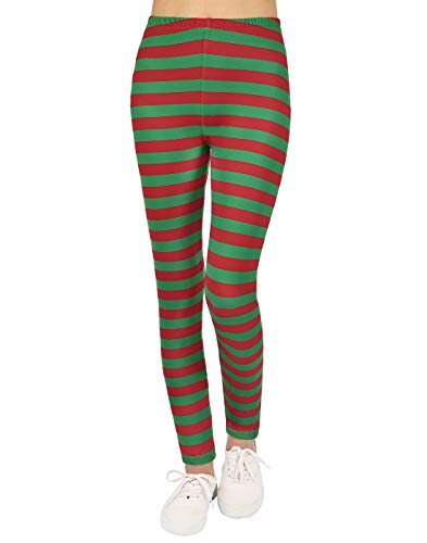 HDE Girl's Leggings Holiday Stretchy Full Ankle Length Striped Tights Red Green Stripes - 10-12