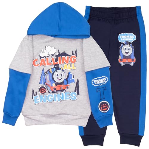 THOMAS & FRIENDS Calling All Engines Boys 2-Piece Fleece Set - Thomas the Tank Engine Hooded Pullover Sweatshirt and Joggers for Kids (Gray & Navy, Size 5T)