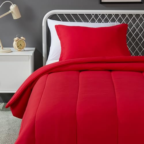 Amazon Basics 2 piece Microfiber Kid's Comforter and Pillow Sham Set, Twin, Red, Solid