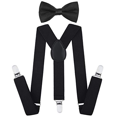 AWAYTR Child Kids Suspenders Bowtie Set - Adjustable Suspender Set for Boys and Girls (Black, 25Inches (5 Months to 6 Years))