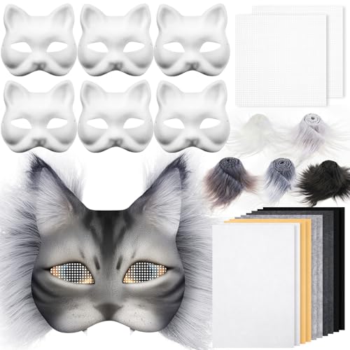 Seenelling DIY Therian Mask Kit Blank Cat Mask with Felt Fabric Sheet Plush Faux Fur Eye Mesh for Therian Gear Therian Stuff(19 Pcs,Grey Series)