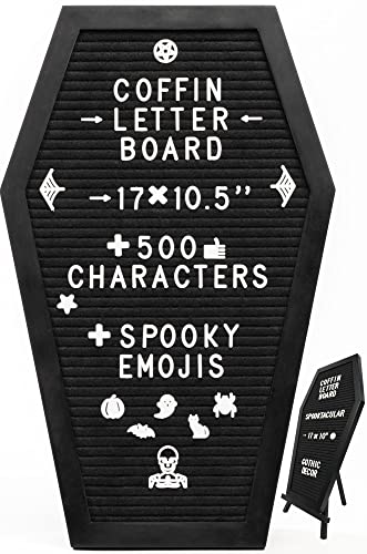 Coffin Letter Board Black With Spooky and All Seasons Emojis +500 Characters, and Wooden Stand - 17x10.5 Inches - Halloween Decorations Gothic Decor Spooky Gifts