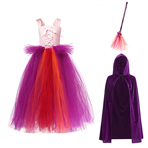 IBTOM CASTLE Kids Girls Halloween Costume, Witch Dress Skirt Cosplay Costume Tutu Skirt Cape Broom Role Play Set Halloween Carnival Birthday Party Fancy Dress Up Outfit Purple 4-5 Years