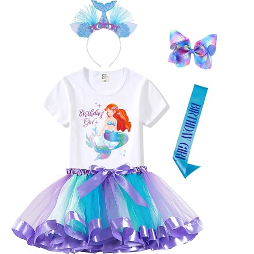 Mermaid Outfit Set – Shirt, Rainbow Tutu Dress, Satin Sash, Headband – Birthday Gifts for Girls Costume (Rainbow Mermaid 2, 2T)