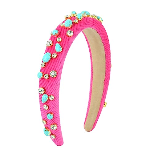 Womens Padded Headbands Crystal Embellished Pink Velvet Headband Turquoise Hairband Thick Rhinestone Vintage hair Accessories