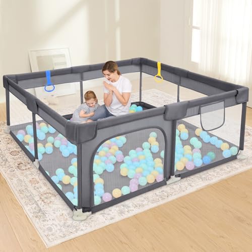 Dripex Baby Playpen, 52'×52' Play Pens for Babies and Toddlers, Safe Anti-Fall Play Yard with Gates, Baby Fence with Breathable Mesh, Indoor & Outdoor Kids Activity Center, Anchor Grey