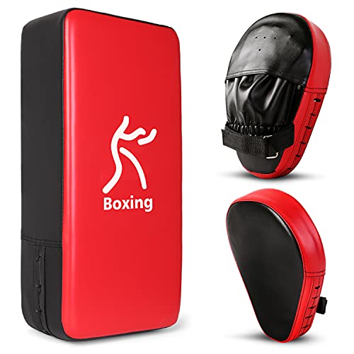 Odoland 2-in-1 Punching Mitts Kick Pack Set, Boxing Mitts Focus Pads, Taewondo Kick Pad, Great for Boxing, Kickboxing, Karate, Muay Thai, MMA Training, Black/Red