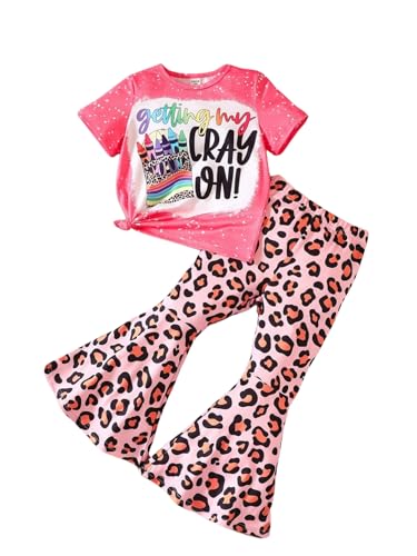 Ayzozuy Kids Toddler Girl Clothes Letter Print Graphic Top + Leopard Print Flare Leg Pants 2PC Summer Clothing Set(5-6T)