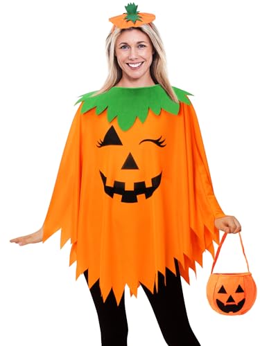 WISHTEN 3PCS Halloween Pumpkin Costume for Women,Pumpkin Poncho for Adults with Headband & Bag,Halloween Costume for Women