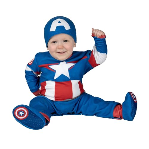 Marvel Captain America Official Infant Halloween Costume - Premium Quality Minky Fabric Jumpsuit and Non-Slip Booties (0-6M) Blue