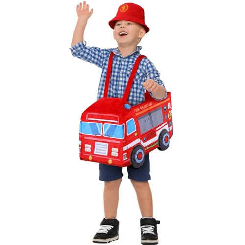 Mepase Halloween Toddler Fire Truck Costume 3D Vehicle Ride on Fire Truck Costume Fire Truck Ride Along Costume for Child 3 to 6 Years, School Bus Party Dress up Role Play