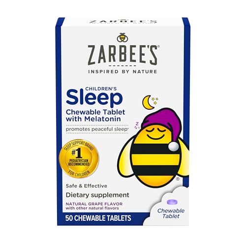 Zarbee's Kids 1mg Melatonin Chewable Tablet Drug-Free & Effective Sleep Supplement Easy to Take Natural Grape Flavor Tablets for Children Ages 3 and up 50 Count