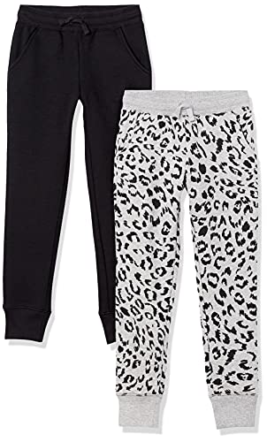 Amazon Essentials Girls' Sweatpants, Pack of 2, Black/Light Grey Heather Cheetah, Large