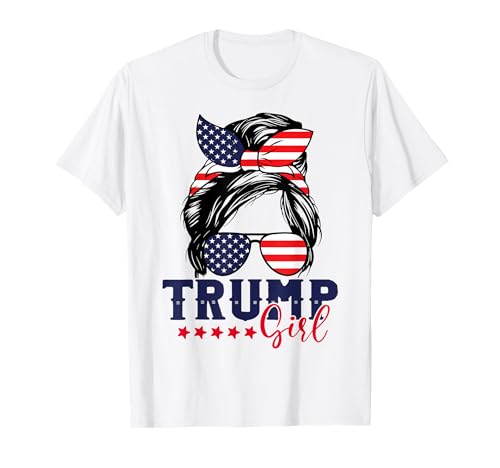 Trump Girl Messy Bun Trump 2024 Election American Flag T-Shirt