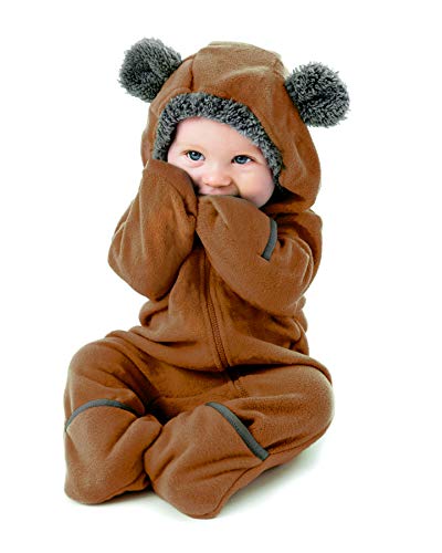 Fleece Baby Bunting Bodysuit – Infant One Piece Kids Hooded Romper Outerwear Toddler Jacket Bear - Brown 3-6 Months