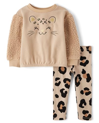 The Children's Place Baby Girl's and Toddler Long Sleeve Active Shirt and Pant, 2 Piece Outfit, Leopard Sherpa