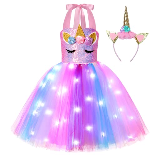 Gigoitly Unicorn Dress for Girls Sequin Unicorn Costume with LED Lights for Halloween Birthday Party Decorations