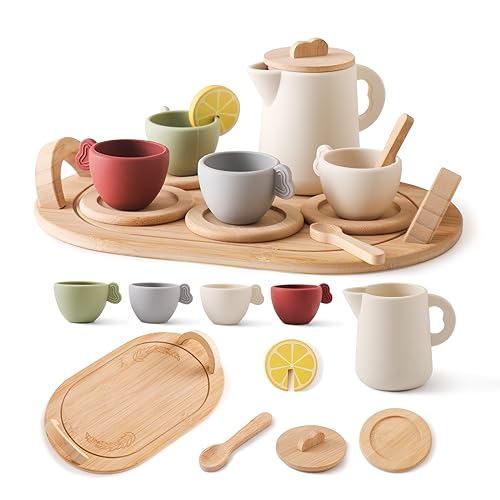 Wooden Tea Party Set for Little Girls 14pcs Toddler Tea Set with Silicone Teapot Cups Carrying Tray Scoop Kids Kitchen Accessories Pretend Play Wooden Toys for 3 4 5 6 Year Old Girl Birthday Gift