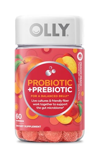 OLLY Probiotic + Prebiotic Gummy, Digestive Support and Gut Health, 500 Million CFUs, Fiber, Adult Chewable Supplement for Men and Women, Peach, 60 Day Supply - 60 Count