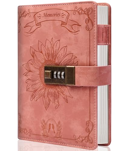 Lock Diary for Women Vintage Lock Journal Refillable Personal Locking Diary Leather Locking Journal Writing Notebook Girls B6 Secret Journal with Combination Passwords 5.5 x 7.8 in, Sunflower Pink