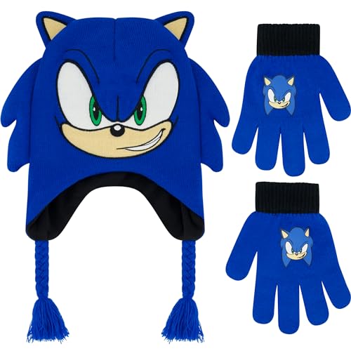 Sonic the Hedgehog Beanie Hat and Glove Set, Kids Knitted Winter Hat and Gloves, Tassels, Blue, One Size