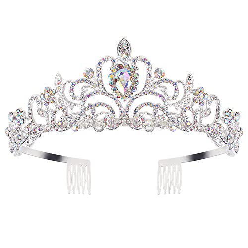 COCIDE Silver Tiara Crowns Aurora Borealis Crystal Headband Princess Colorful Rhinestone Crown with Combs Bride Headbands Bridal Wedding Prom Birthday Party Hair Accessories Jewelry for Women Girls