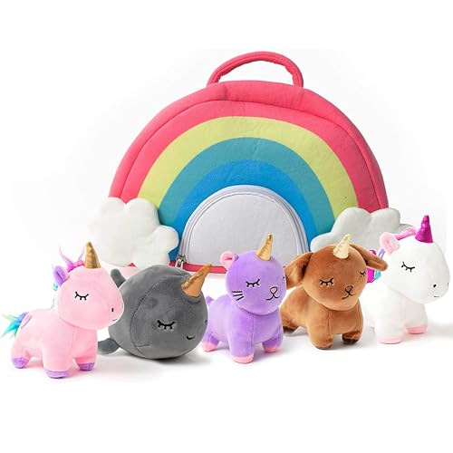 PixieCrush Unicorn Stuffed Animal Set - 5 Plush Toys Includes Narwhal, Puppycorn, Kittycorn, Rainbow and Pink Unicorn - Soft Colorful Plushies with Rainbow Carry Case - Gift for Girls Ages 3 and Up