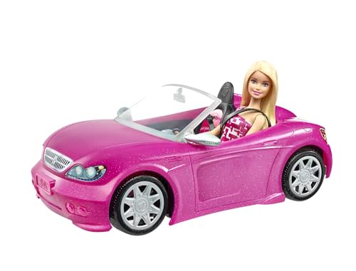 Barbie Doll & Car Playset, Sparkly Pink 2-Seater Toy Convertible with Glam Details & Fashion Doll in Sundress & Sunglasses (Amazon Exclusive)