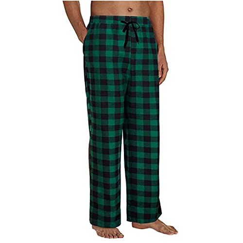 Mens Flannel Plaid Pajama Pants - Casual Loose Wide Leg Sleep Lounge Long Pants Comfy Soft Trousers with Pockets Green