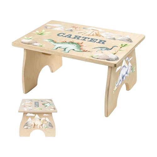 Dinosaur Step Stool for Toddlers- Personalized Wood Kids Step Stool with Name for Kitchen Sink, Bathroom, Potty Training, Kitchen Sink- Sturdy and Safe- Made in USA by BloomOwl (Dinosaur- Watercolor)