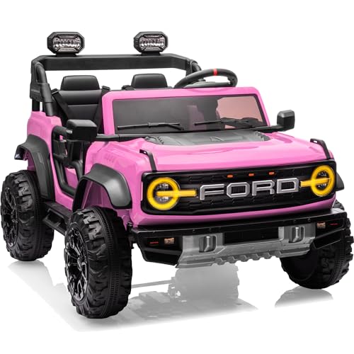 First Ride On 24V Ride on Toys for Big Kids, Licensed Ford Bronco Raptor 2 Seater Ride on Cars with Remote Control, Ride on Truck w/ 4-Wheeler Suspension, 3 Speeds, Led Lights, Bluetooth (24V, Pink)