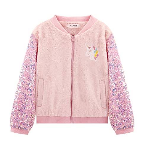 WELAKEN Girl’s Unicorn Fleece Full-zip Sequin Sleeves Jacket with Pocket