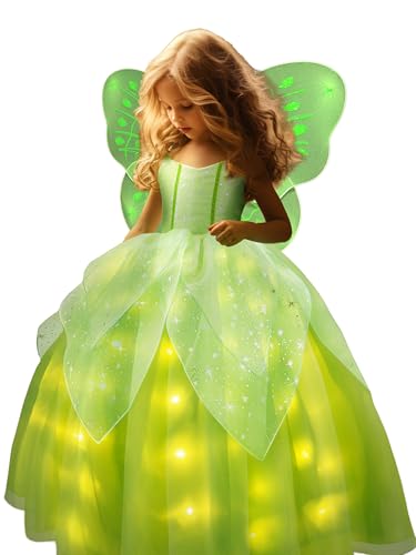 UPORPOR Light Up Fairy Costumes Girls Halloween Dress Kids Dressing Up Clothes Birthday Party Fancy led Costume, with Wing Green, 120