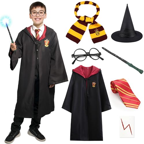 Halloween Wizard Costume Set,Cosplay Accessories 7PCS Include Wizard's Robe, Wizard's Hat, Glasses, Wand, Knitted Scarf, Striped Tie, Tattoo Sticker.Perfect for Masquerade Party and Magic Themed Party