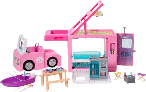 Barbie Camper Playset, 3-in-1 DreamCamper with Pool & 50 Accessories, Transforms into Doll-Sized Truck, Boat & House (Amazon Exclusive)