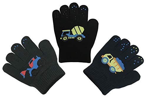 N'Ice Caps Kids Magic Stretch Gloves Mitten 3 Pairs Toddler Boys Girls Winter (3-5 Years, Trucks - Navy/Charcoal/Black)