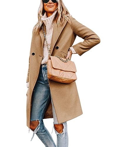 Hooever Women's Winter Wool Coat Casual Notch Lapel Single-Breasted Peacoat(khaki-S01)