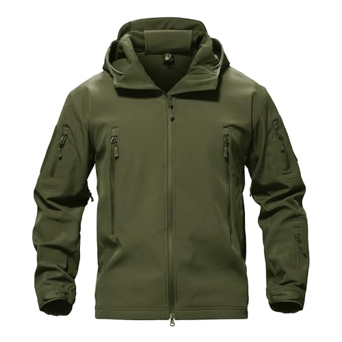 TACVASEN Men Winter Waterproof Snowboard Softshell Parka Jacket Tactical Hoodie Rain Jackets Fleece Lined Mutil-pockets Ski Coats Army Green XL