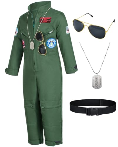 Kids Fighter Pilot Costume - Air Force Flight Suit with Aviator Sunglasses & Tag & Belt for Boys Girls Roleplay Dress Up 2T 3T